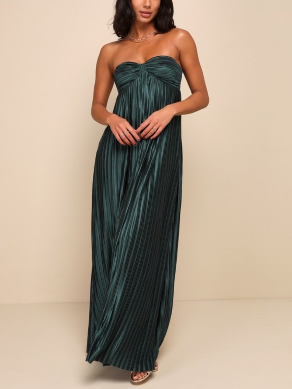 Lulus Emerald Green Satin Plisse Strapless Maxi Dress - Size S